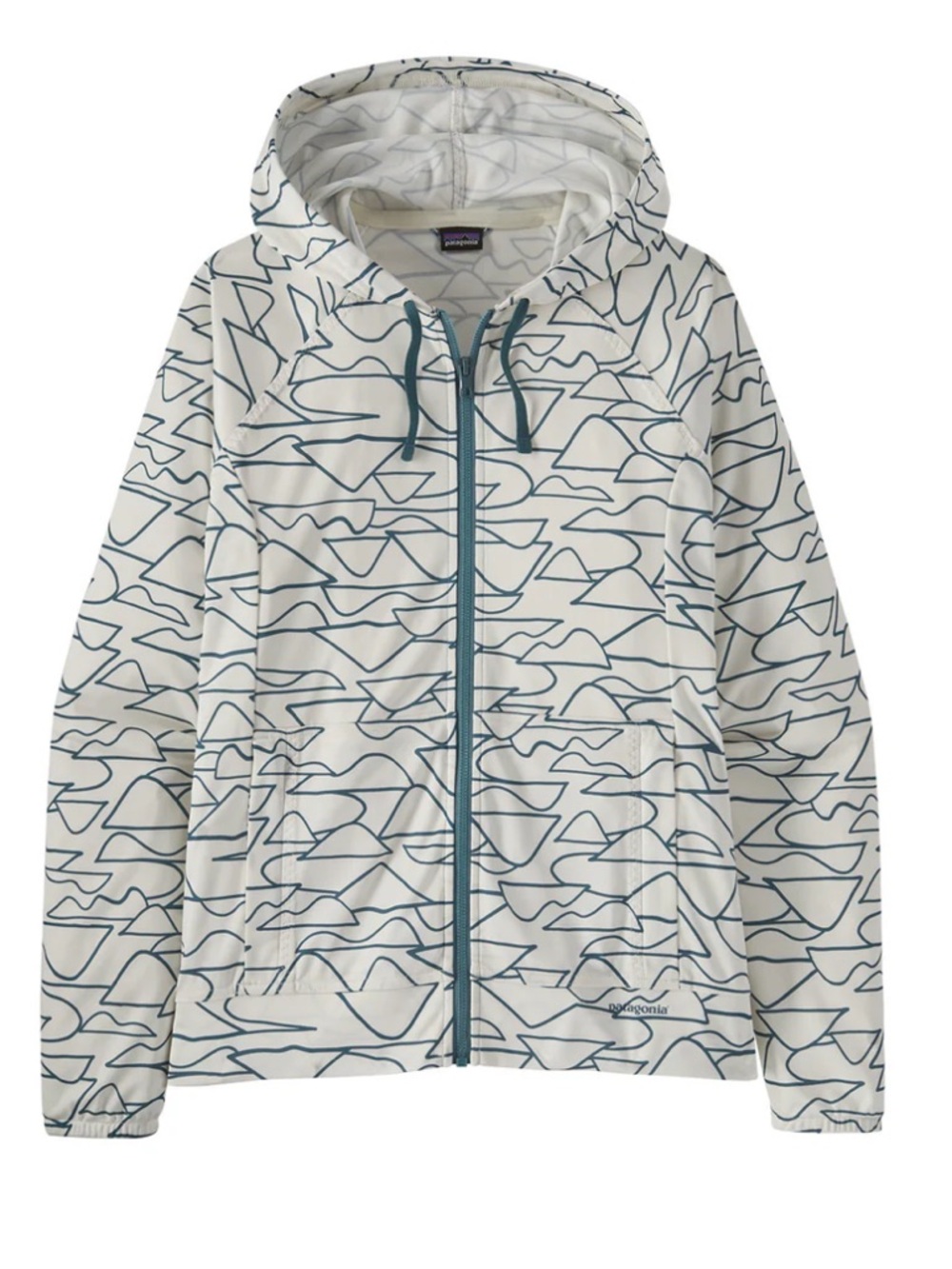 Patagonia White Suncover Hoody with Teal Wave Print